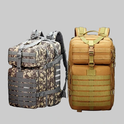 Two tactical backpacks, one camouflage and one tan, on a black background with text about their features.