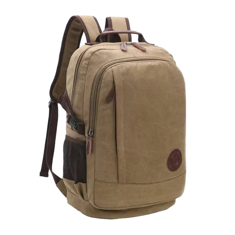 Beige backpack with brown accents on a white background