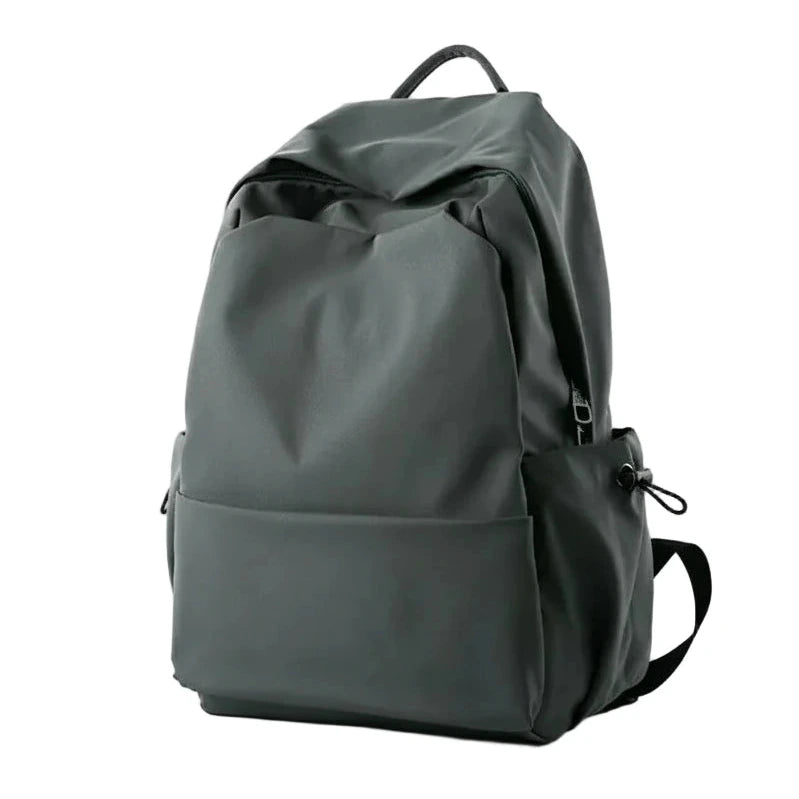 Dark gray backpack with features listed on a white background