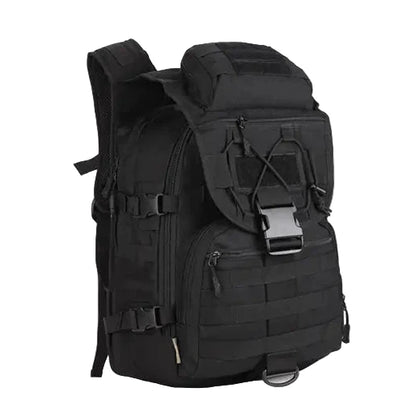 Black tactical backpack on a white background