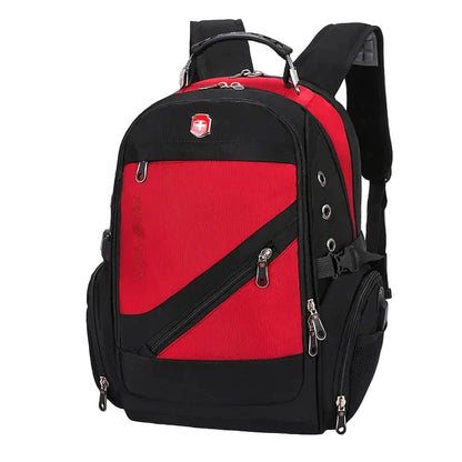 Red and black backpack with a visible Swissgear brand logo on a white background
