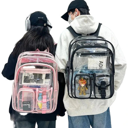Two people wearing transparent backpacks with visible contents on a plain background