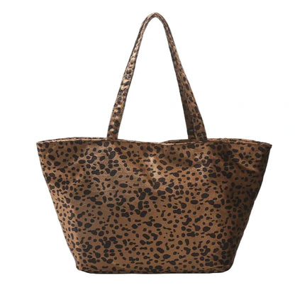 Leopard print tote bag on a white background