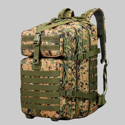 Camouflage backpack with green straps on a white background