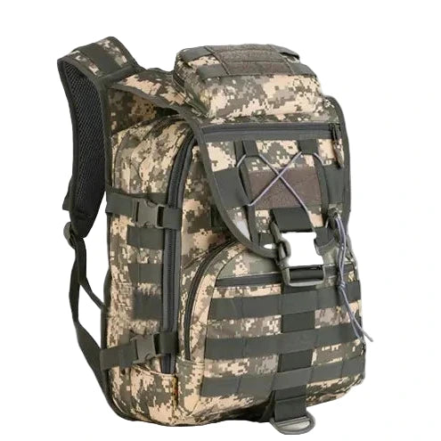 Camouflage backpack with tactical straps on a white background