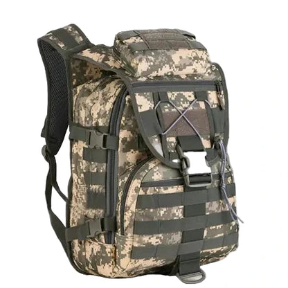 Camouflage backpack with tactical straps on a white background