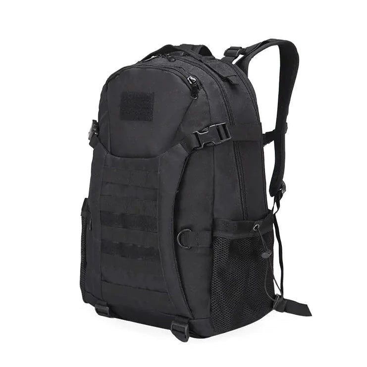 Black tactical backpack on a white background