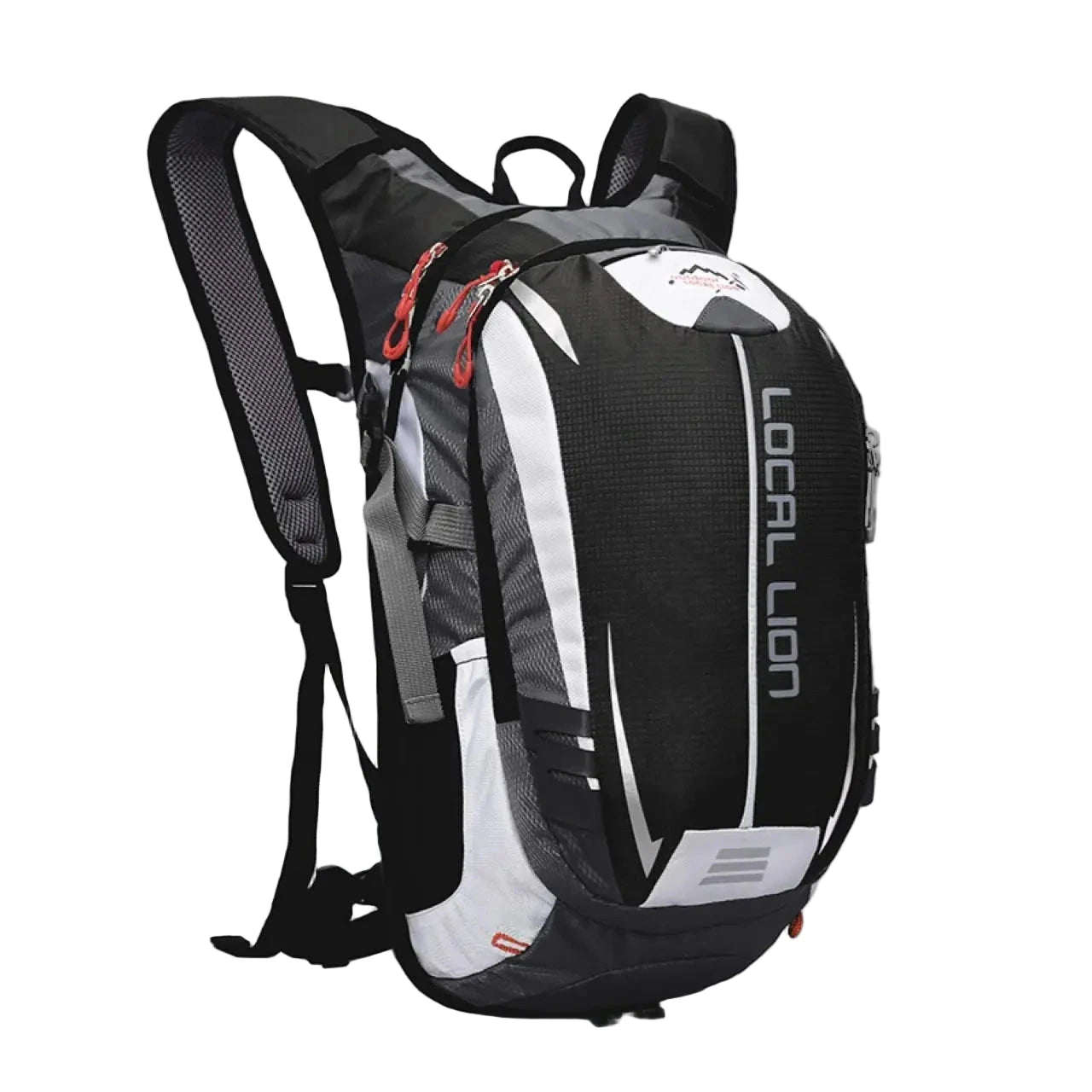 Black and gray backpack with red accents on a white background, featuring the brand 'Local Lion'.