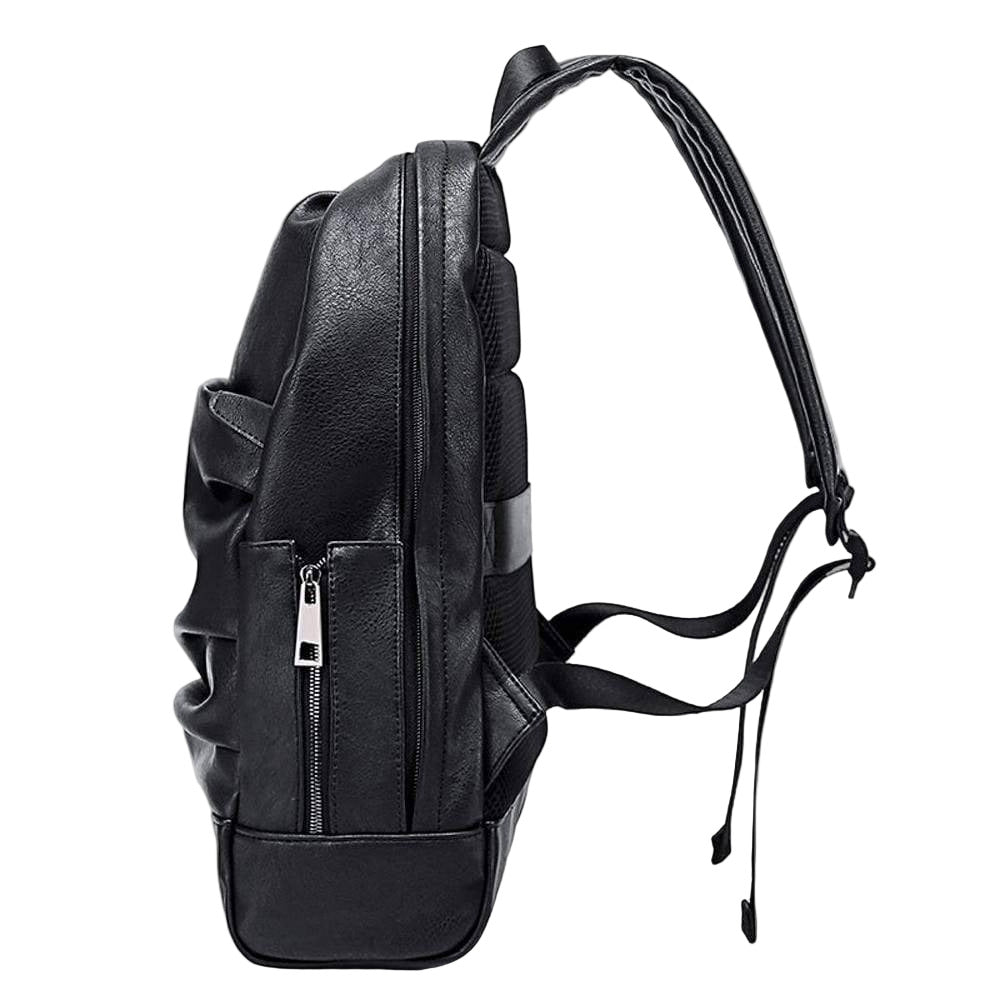 Black leather backpack on a white background