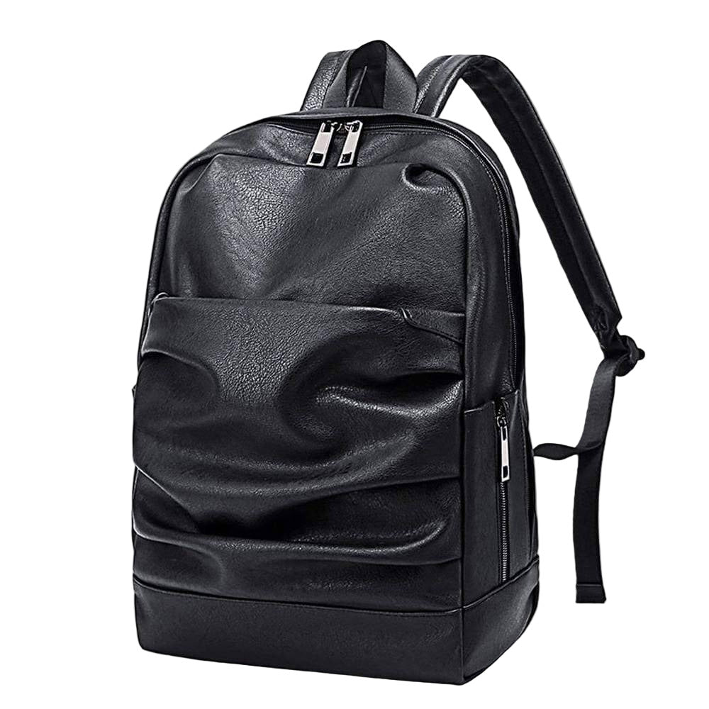 Black leather backpack on a white background