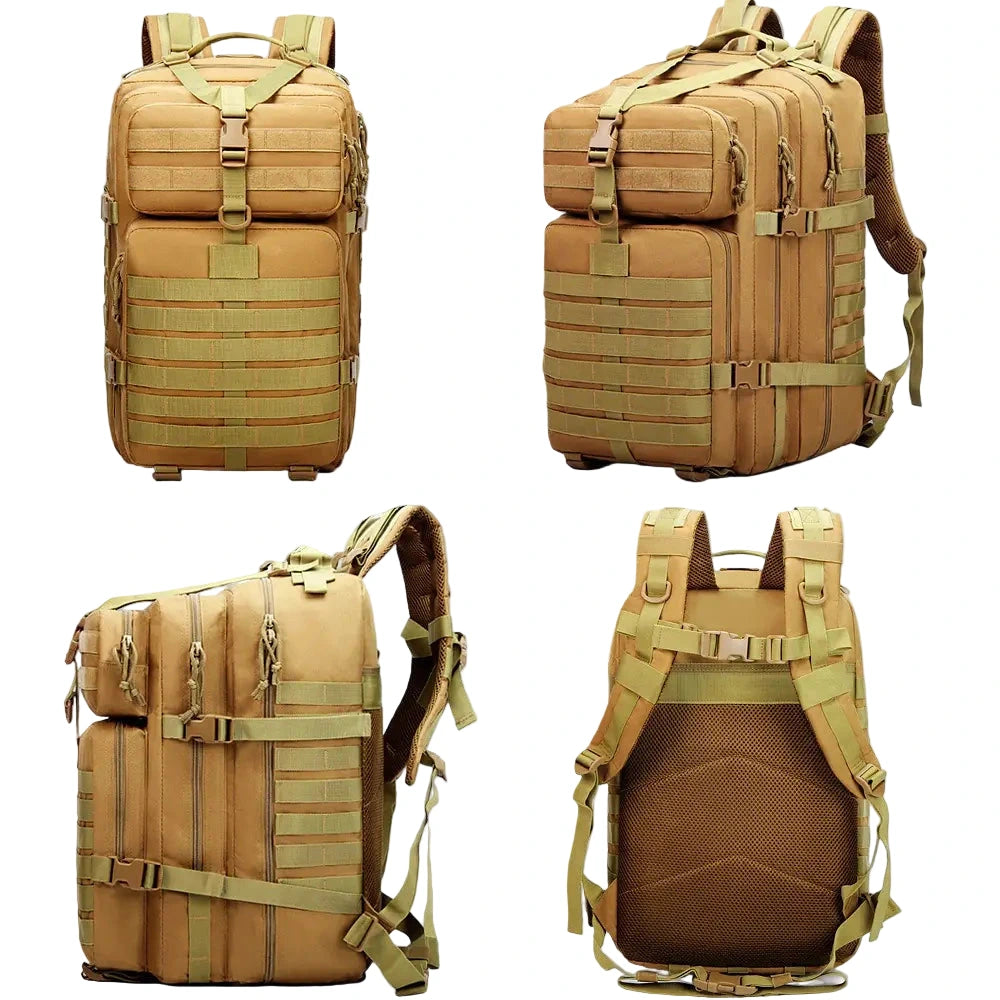 Tan tactical backpack shown from multiple angles on a white background