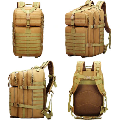 Tan tactical backpack shown from multiple angles on a white background