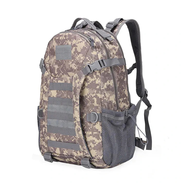 Camouflage backpack with gray accents on a white background