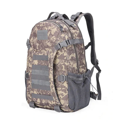 Camouflage backpack with gray accents on a white background