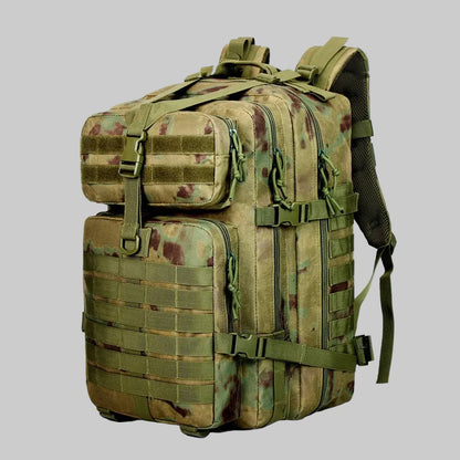 Camouflage backpack with multiple straps and pouches on a white background