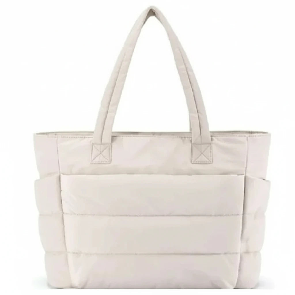 Beige tote bag with dimensions displayed on a white background