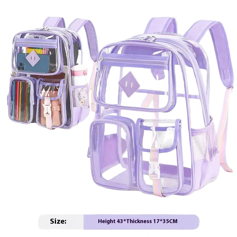 Clear backpack with purple accents on a white background