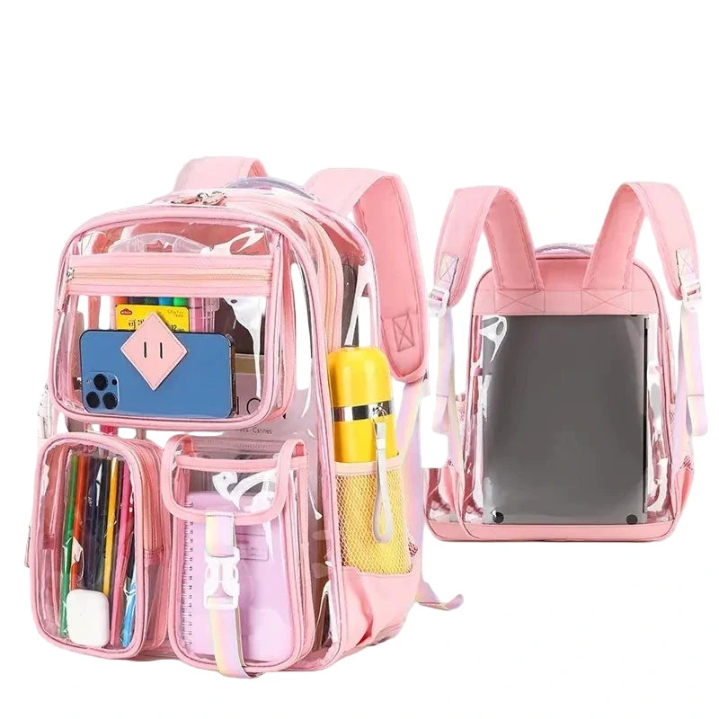 Pink backpack with clear front pocket on a white background