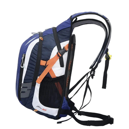 Backpack with blue, orange, and black design on a white background