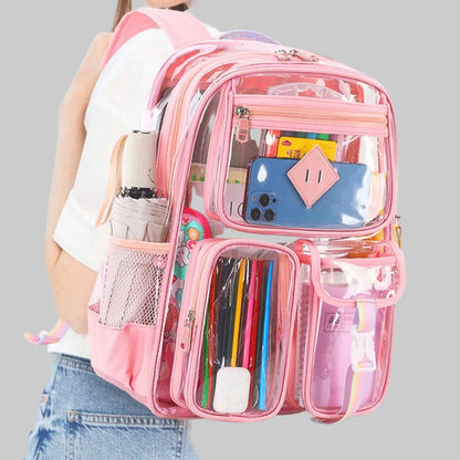 Pink transparent backpack with various items on a white background
