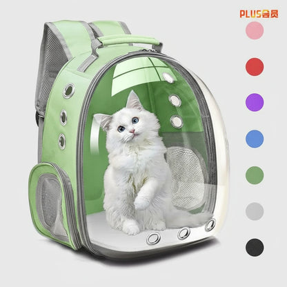 Green pet carrier with a white cat inside, featuring color swatches on a white background.
