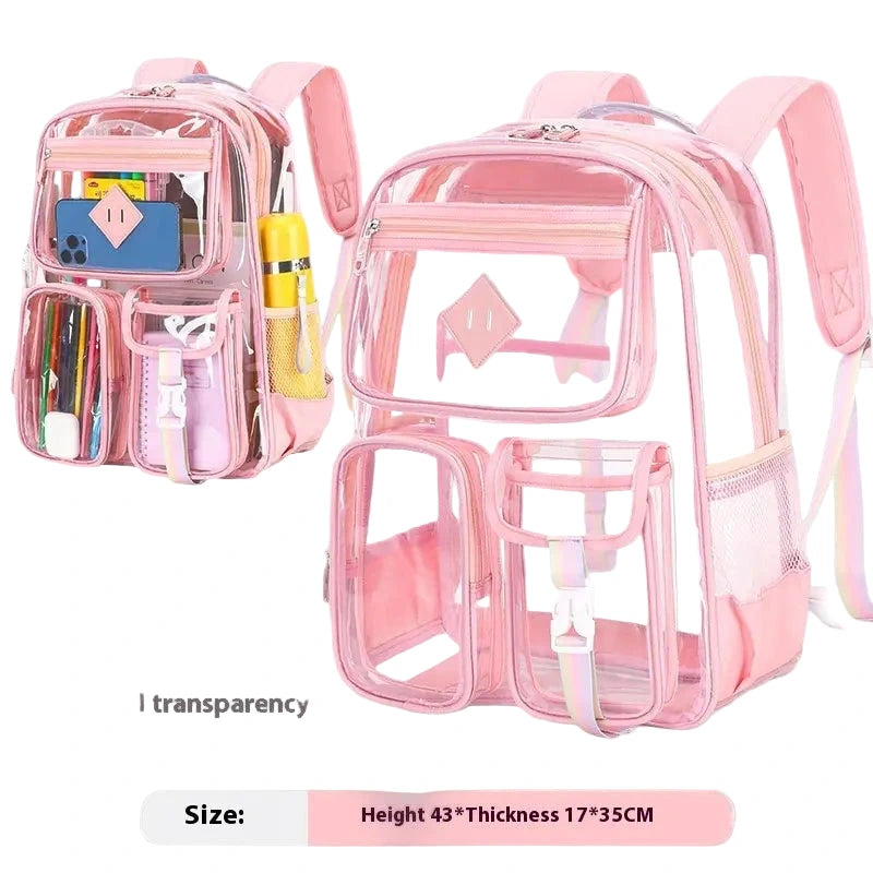 Pink transparent backpack with compartments and visible items, showing size and transparency details.