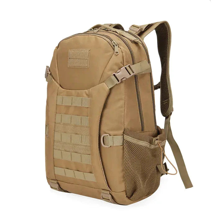 Tan tactical backpack on a white background