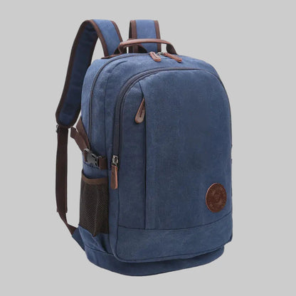 Blue backpack with brown accents on a white background