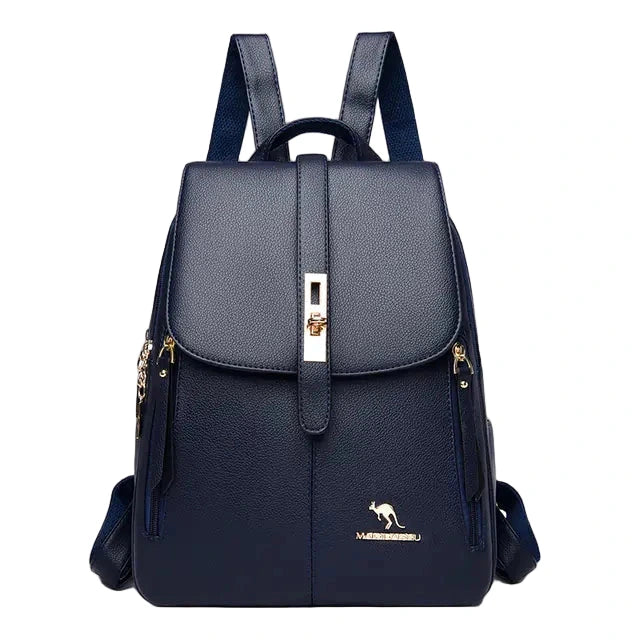 Navy blue backpack with gold accents on a white background