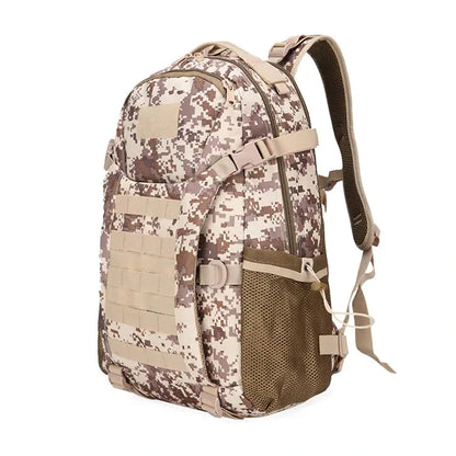 Camouflage backpack with tactical pouches on a white background