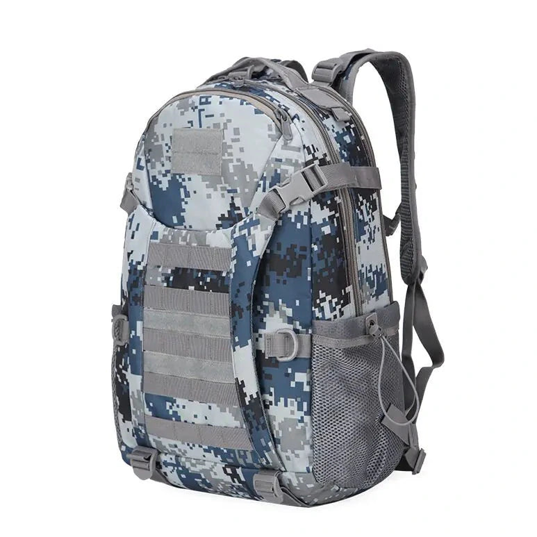 Camouflage backpack with gray straps on a white background