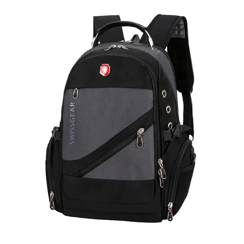 Black and gray backpack with SwissGear logo on a white background