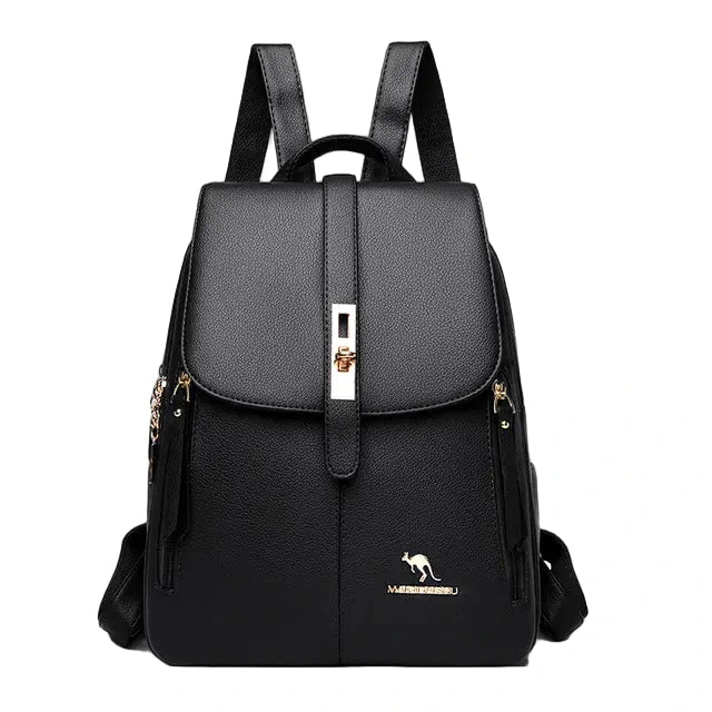 Black backpack with a visible brand logo on a white background