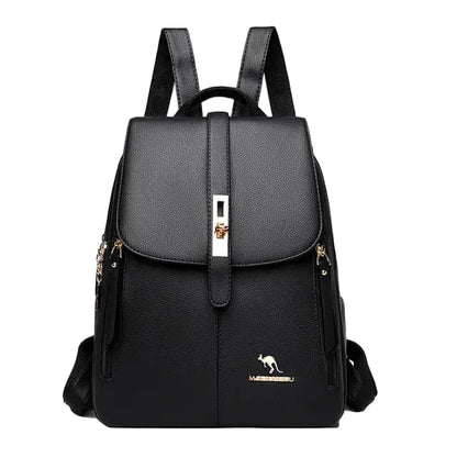 Black backpack with a visible brand logo on a white background